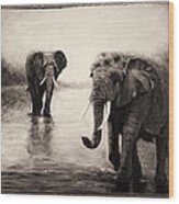 African Elephants At Sunset Wood Print