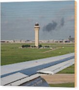 Airport Control Tower And Airplane Wing Wood Print