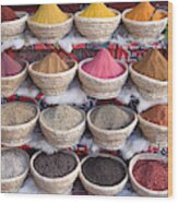 An Egyptian Spice Market With Baskets Full Of Spice Wood Print