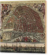 Antique Map Of Amsterdam By Pieter Schenk - Circa 1702 Wood Print