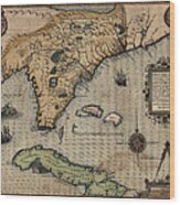 Antique Map Of Florida And The Southeast By Jacques Le Moyne De Morgues - 1591 Wood Print