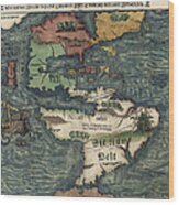 Antique Map Of The Western Hemisphere By Sebastian Munster - Circa 1550 Wood Print