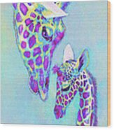 Aqua And Purple Loving Giraffes Wood Print