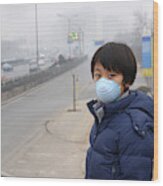 Asian Boy Wearing Mouth Mask Against Air Pollution (beijing) Wood Print