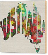 Australia Typographic Watercolor Map Wood Print