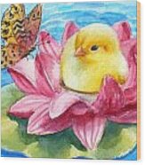 Baby Chick Water Lily Float Wood Print