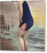 Bathing Beauty In Orange And Navy Bathing Suit Wood Print