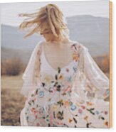 Beautiful Hippie Woman Dancing In A Meadow Wood Print