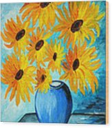 Beautiful Sunflowers In Blue Vase Wood Print