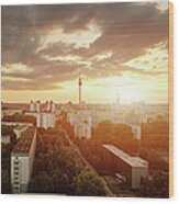 Berlin Skyline At Sunset With Wood Print