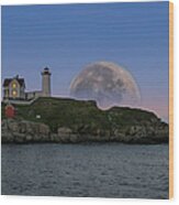 Big Moon Over Nubble Lighthouse Wood Print