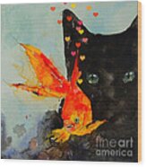 Black Cat And The Goldfish Wood Print
