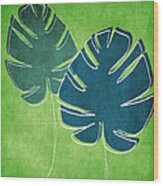 Blue And Green Palm Leaves Wood Print