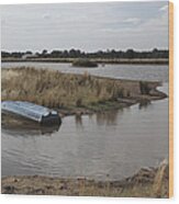 Blue Boat On Dam. Wood Print