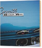 Blue Corvette Sting Ray Rear Emblem Wood Print