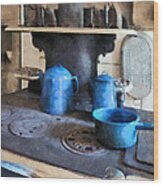 Blue Pots On Stove Wood Print