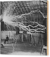 Bolts Of Electricity Discharging In The Lab Of Nikola Tesla. Wood Print