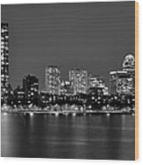 Boston Back Bay Skyline At Night Black And White Bw Panorama Wood Print