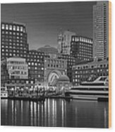 Boston Harbor Skyline And Financial District Bw Wood Print