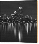 Boston Skyline By Night - Black And White Wood Print