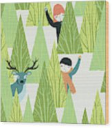 Boy, Girl And Deer Behind Trees Wood Print
