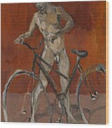 Boy With Bicycle Red Oxide Wood Print