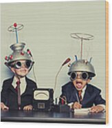 Boys Dressed As Businessmen Wearing Mind Reading Helmets Wood Print