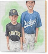 Brothers In Baseball Watercolor Portrait Wood Print