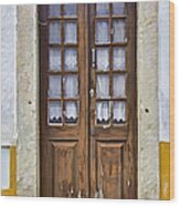 Brown Wood Door With Lace Curtains Wood Print