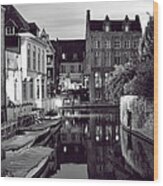 Bruges Canal In Black And White Wood Print