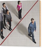 Business Men And Women Crossing Red Line Wood Print