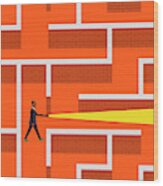 Businessman With Torch Lost In Brick Wood Print