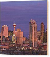Calgary Skyline At Dawn With City Wood Print