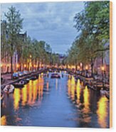 Canal In Amsterdam At Dusk Wood Print