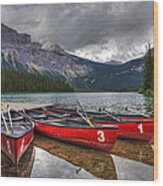 Canoes On Emerald Lake Wood Print