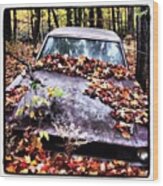 #car #abandoned #leaves #forest #found Wood Print