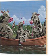 Cartoon Cow Family On Boating Holiday Wood Print