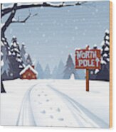 Cartoon Illustration Of The North Pole With Trees And Snow Wood Print