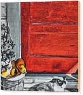 Cat By The Red Door Wood Print