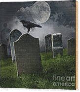 Cemetery With Old Gravestones And Moon Wood Print
