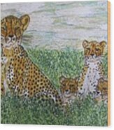 Cheetah And Babies Wood Print