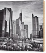 Chicago River Buildings Black And White Photo Wood Print