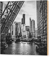 Chicago Kinzie Street Bridge Black And White Picture Wood Print