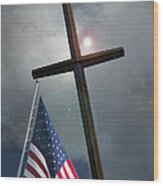Christian Cross And Us Flag Wood Print