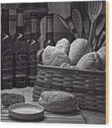 Ciabatta Bread And Basket Bw Wood Print