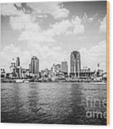 Cincinnati Skyline Riverfront Black And White Picture Wood Print