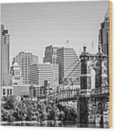 Cincinnati With Roebling Bridge Black And White Picture Wood Print