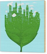 City Skyline On Green Leaf Wood Print