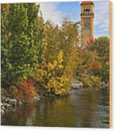 Clocktower In Fall Wood Print