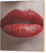 Close Up Of Bright Red Shiny Lips Wood Print